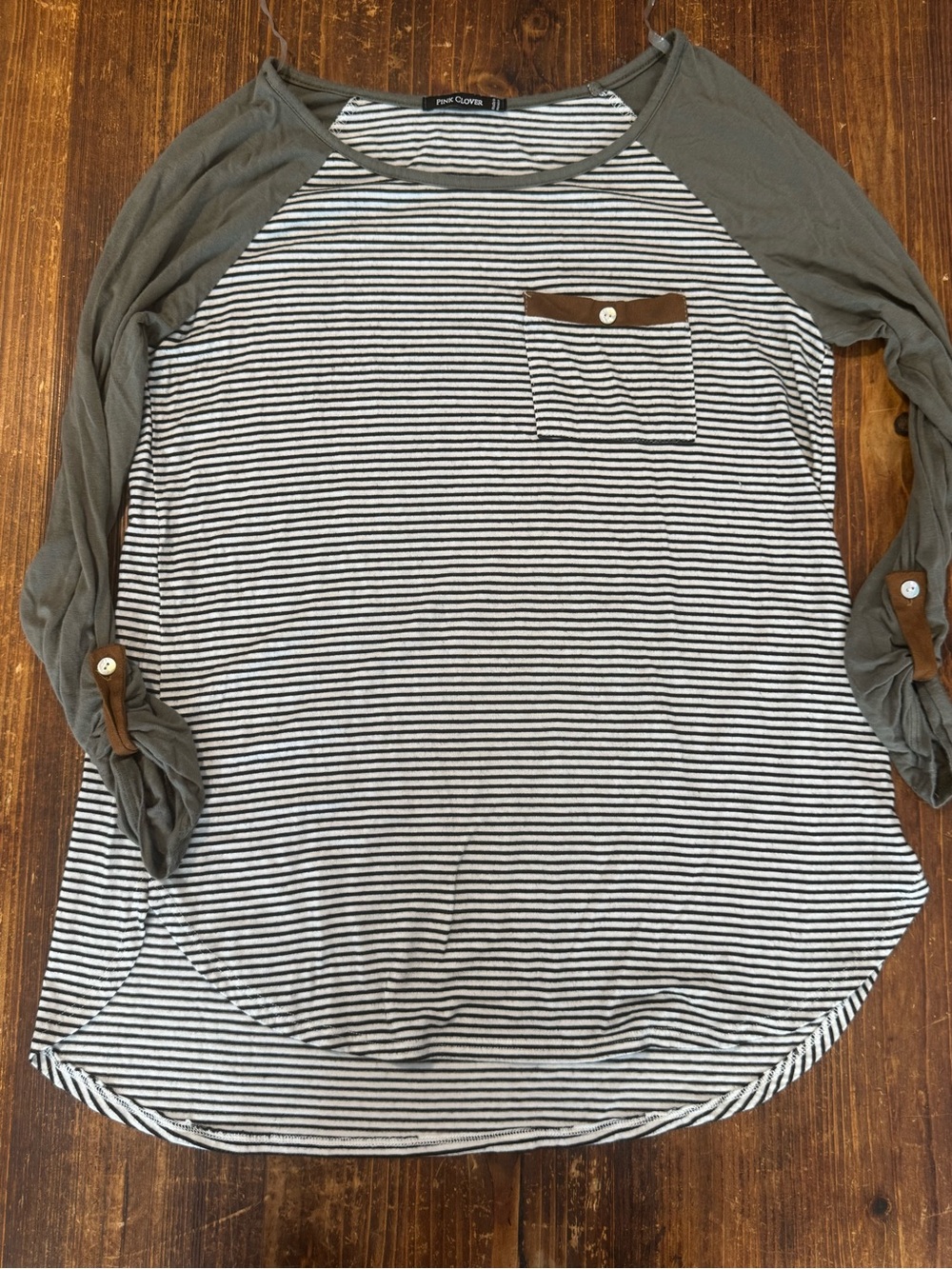 Pink Clover Olive Raglan Sleeve Striped Pocket Top